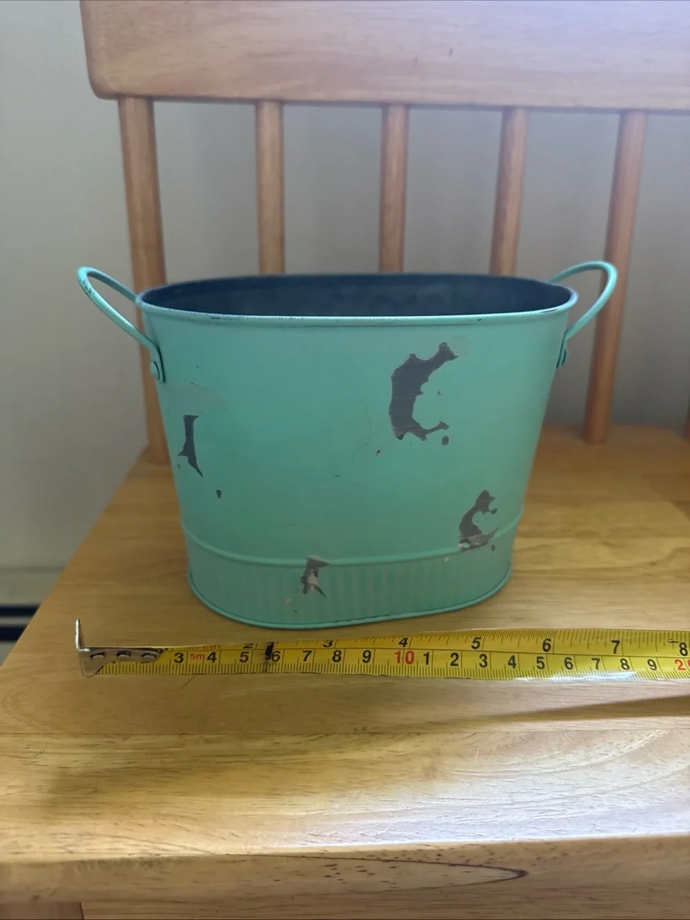 Distressed Mint Green Metal Planter with Side Handles